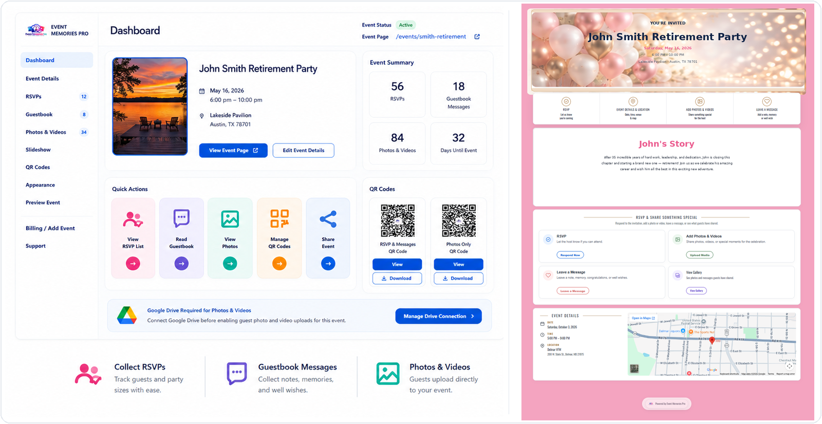 Example Event Memories Pro host dashboard and guest invitation using sample information